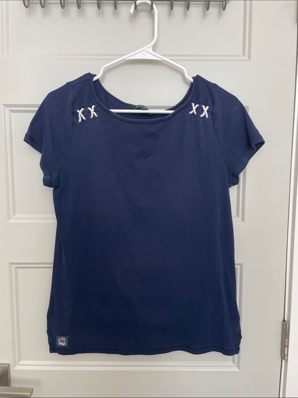 LAUREN Ralph Lauren Women’s Navy Cap Sleeve Tee with White Lace Stitch Accents